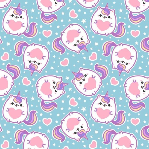 Cute Unicorn Cat With Heart Fabric - Blue Supply
