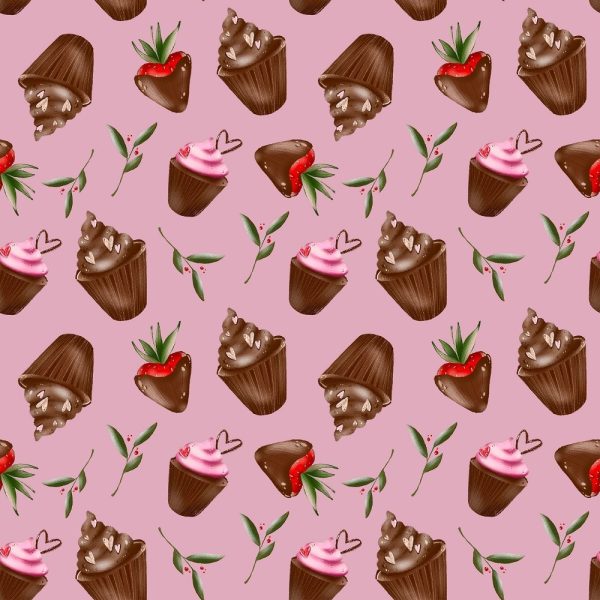 Chocolate Cover Strawberries and Cupcakes Fabric - Hot Pink For Sale