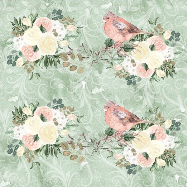 Watercolor Roses and Birds on Grunge Fabric - Green Hot on Sale