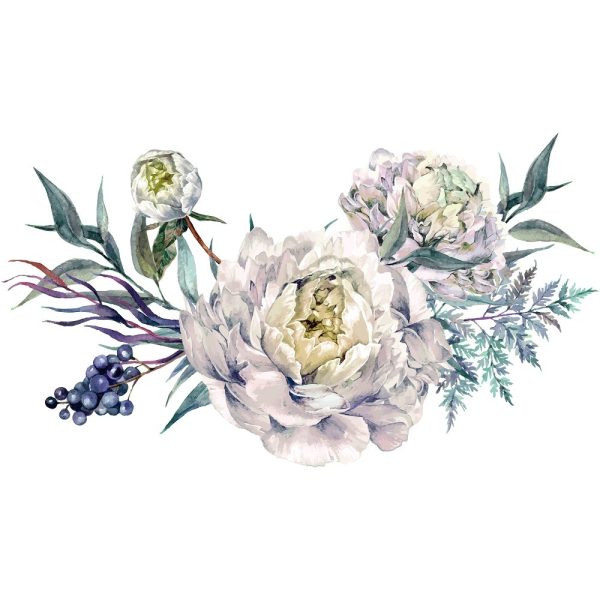 White Peonies & Berries Bouquet Fabric Panel For Discount